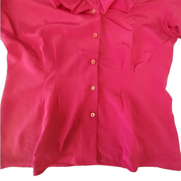 Vintage Anne Klein Hot Pink Ruffle Collar Short Sleeve Button Down Blouse Top - Picture 7 of 13